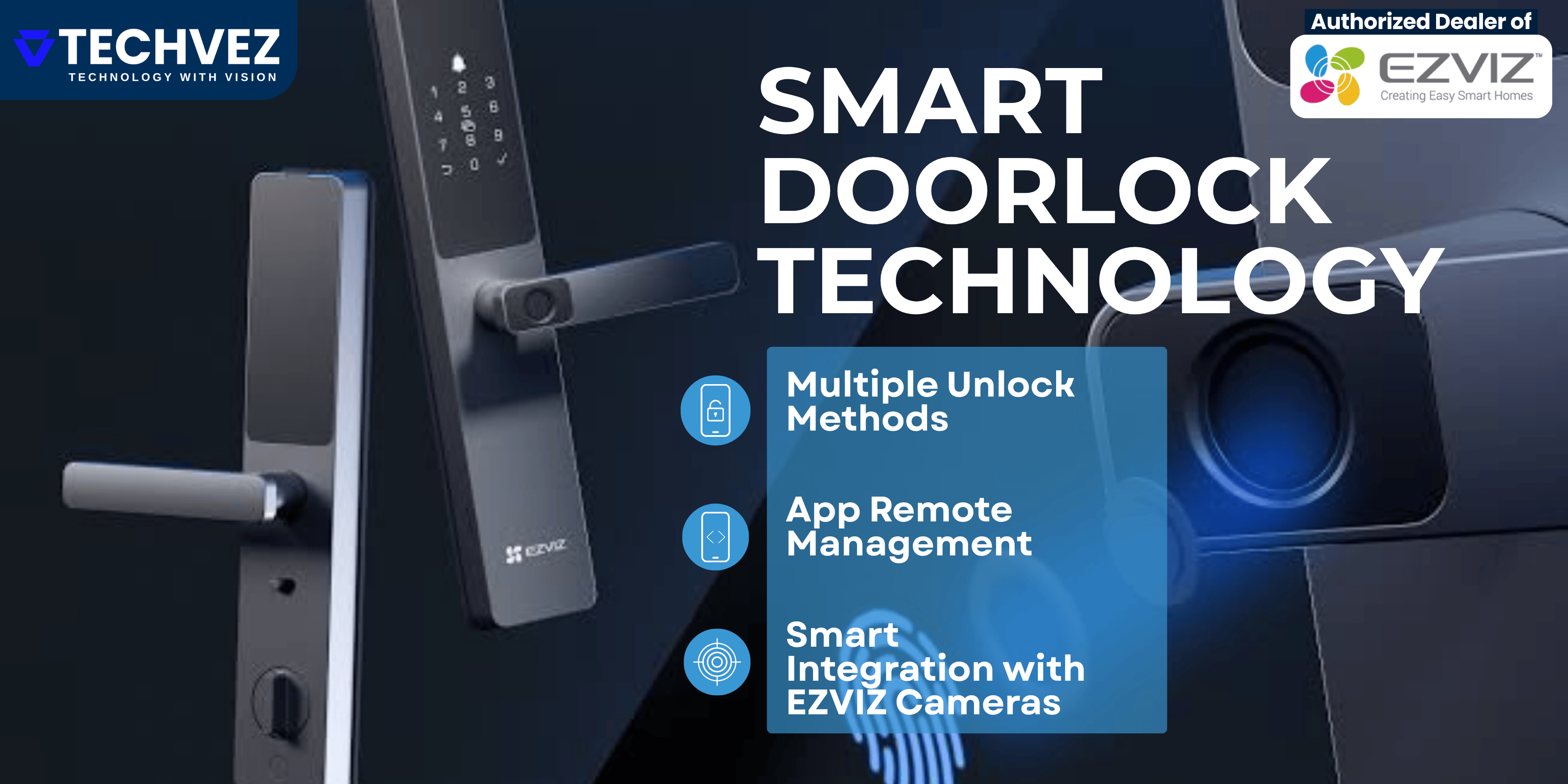 Smart doorlock with features listed on a dark background